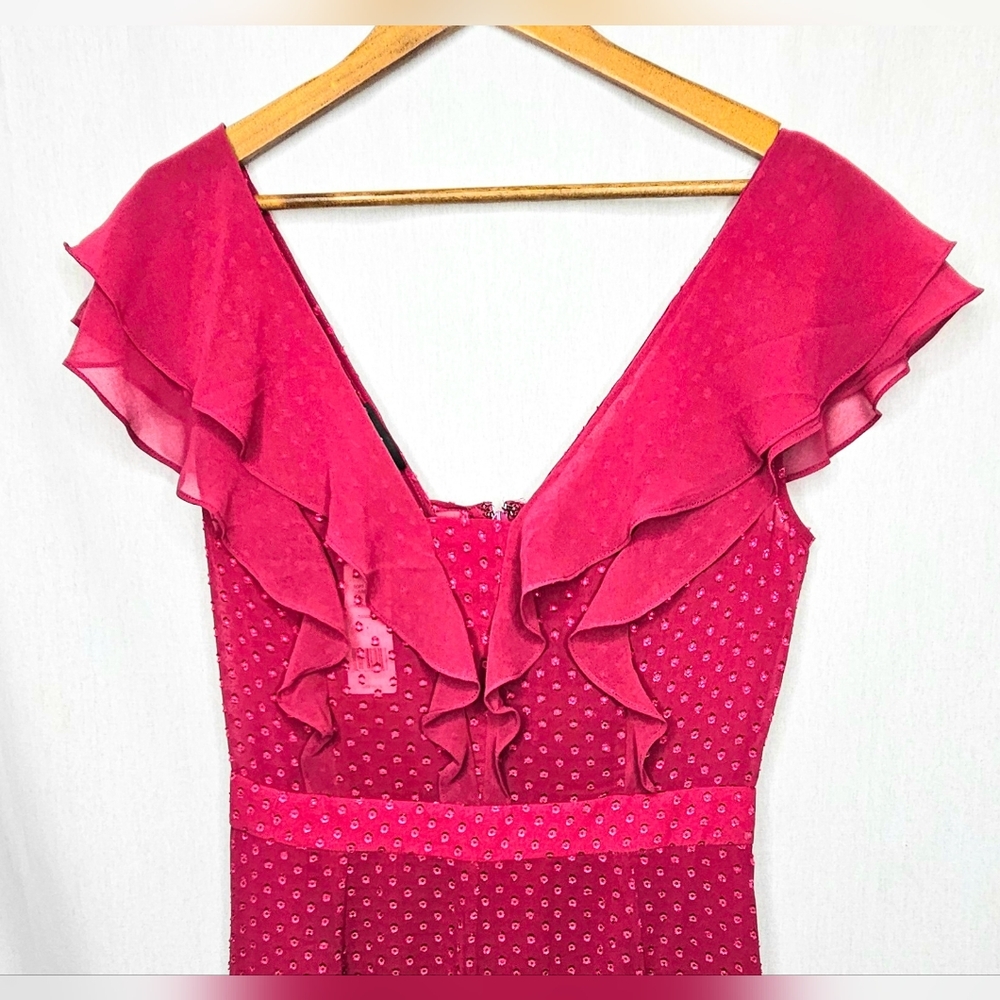 bebe Clip Dot Ruffled V-Neck Jumpsuit in Raspberry/Fuchsia Size 8 NWT